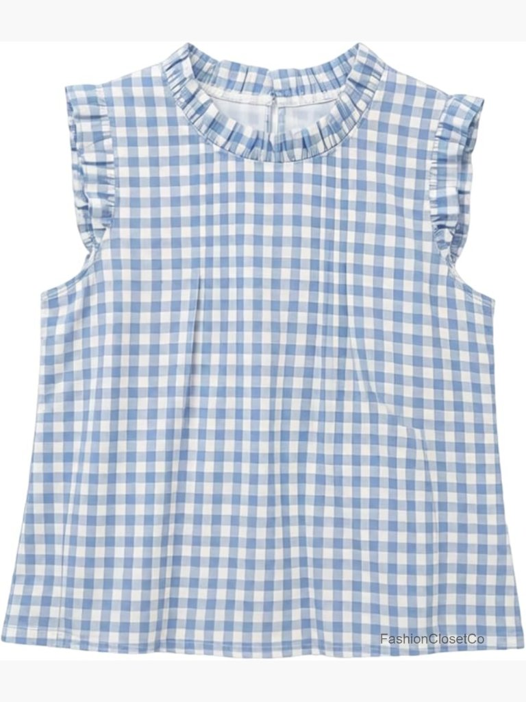 Gingham Peplum Blouse Top Ruffle Plaid Sleeveless Frilled Collared Tank Top